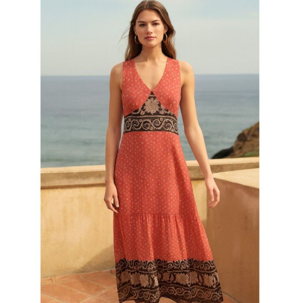 Charter Club 100% Silk Maxi Dress Womens Sz 10 Salmon Boho Tiered V-neck Lined
